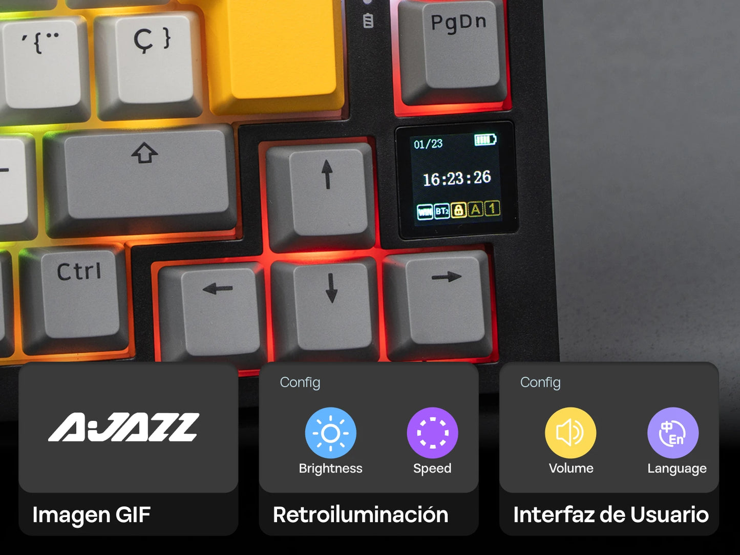 Teclado mecânico ISO-ES EPOMAKER X AJAZZ AK820 PRO 75% com layout espanhol, com fios/2.4GHz/BT, ecrã e botão rotativo para PC/Mac