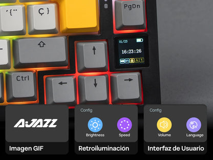 Teclado mecânico ISO-ES EPOMAKER X AJAZZ AK820 PRO 75% com layout espanhol, com fios/2.4GHz/BT, ecrã e botão rotativo para PC/Mac