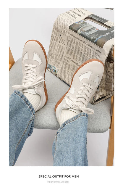 Sapatilhas de designer para homem, moda outono 2025, estilo retro com atacadores, ténis de estudante para mulher em pele, calçado casual para caminhada