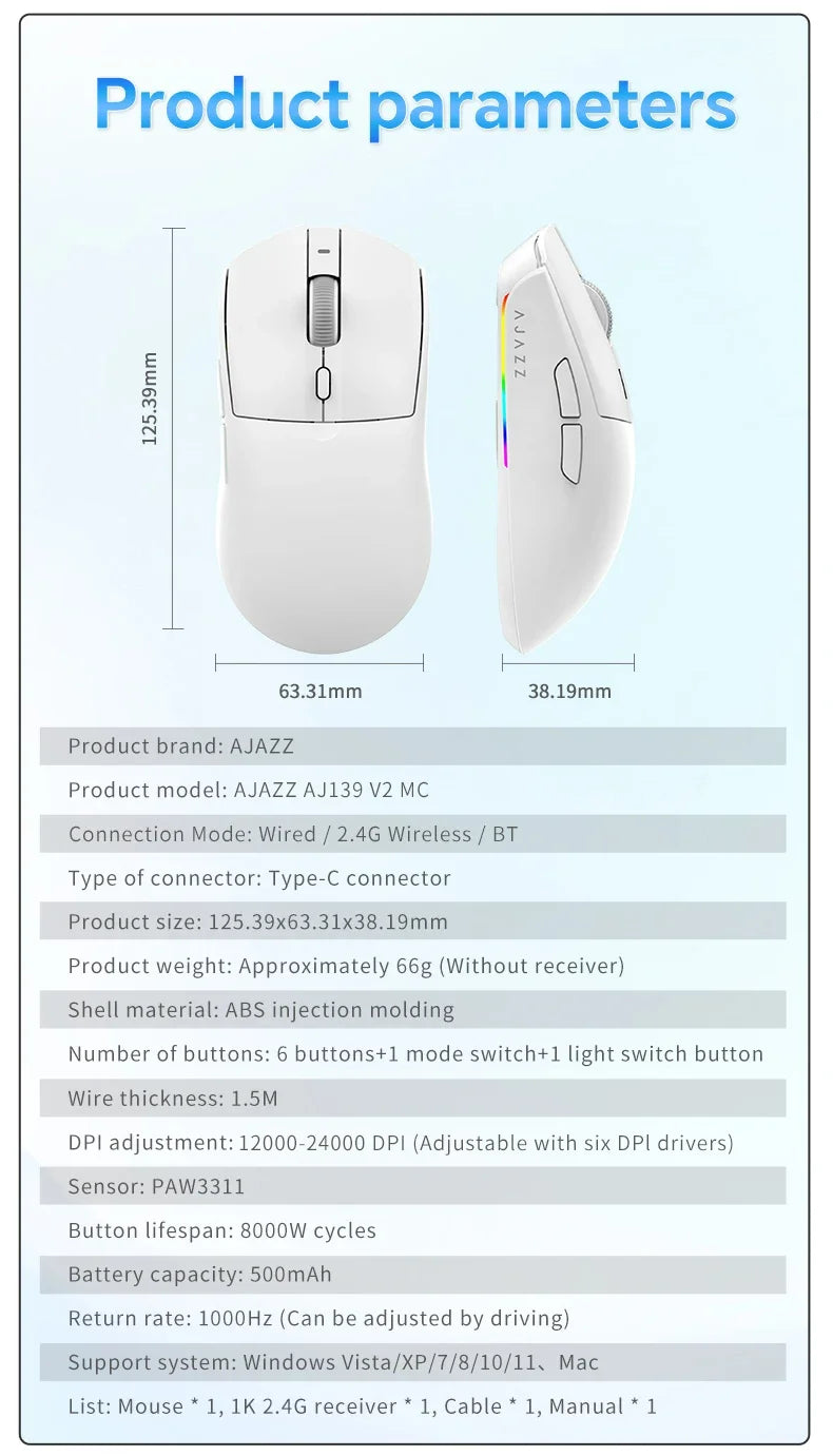 AJAZZ AJ139 V2 MC/AJ139 PRO kabellose Gaming-Maus mit PAW3311/PAW3395-Sensor, 12000DPI/26000DPI, 500mAh, Bluetooth-Gaming-Maus für PC