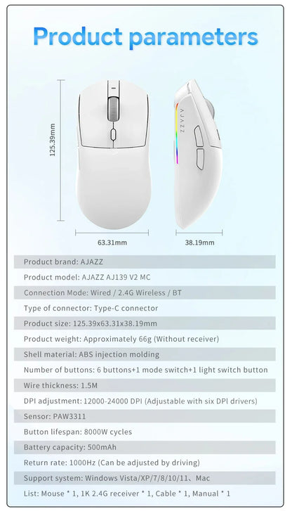 AJAZZ AJ139 V2 MC/AJ139 PRO kabellose Gaming-Maus mit PAW3311/PAW3395-Sensor, 12000DPI/26000DPI, 500mAh, Bluetooth-Gaming-Maus für PC