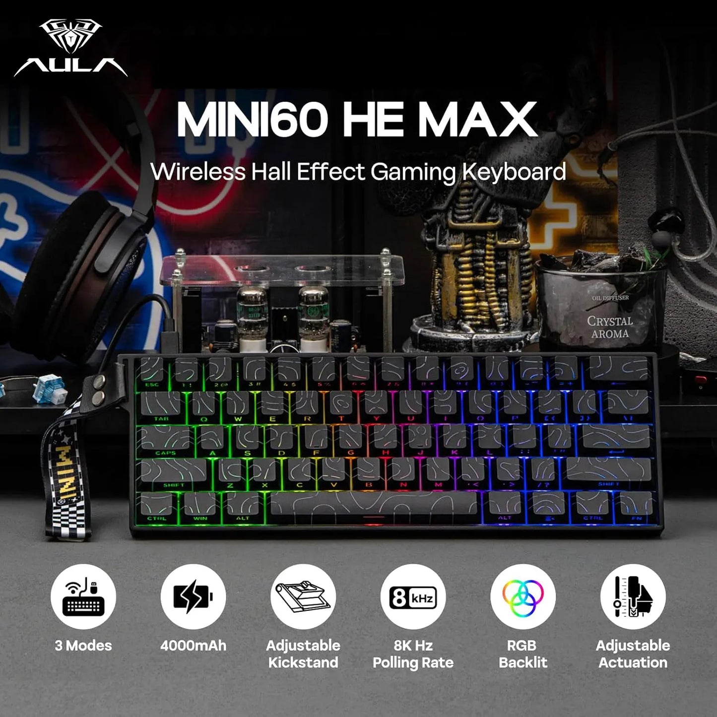 AULA Mini60 HE/Pro/Max 60% Gaming-Tastatur mit Magnetschaltern, RGB, Tri-Mode, mechanische Tastatur, 8000Hz, 0.01mmRT, für E-Sports, Geschenke