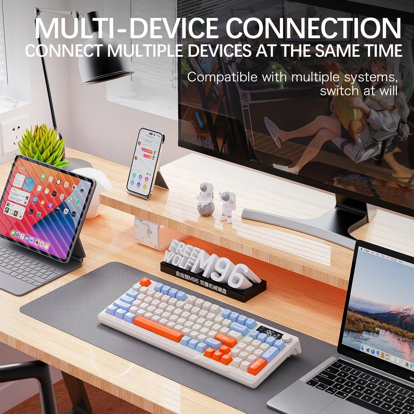 M96 Bluetooth-Tastatur Kabellose FREEWOLF Bildschirm-Gaming-Tastatur, elektronischer Bildschirm, Multi-Device-Verbindung, ergonomisches Gaming