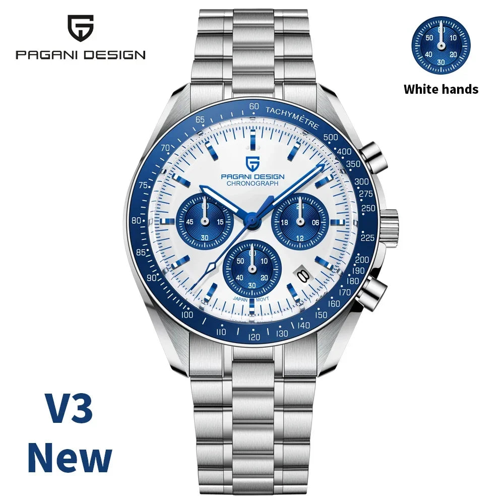 Montre pour homme PAGANI DESIGN (nouveau modèle V5 PD1701) – Chronographe sportif de type « Speed » à quartz, verre saphir avec traitement antireflet, étanche jusqu'à 100 mètres.