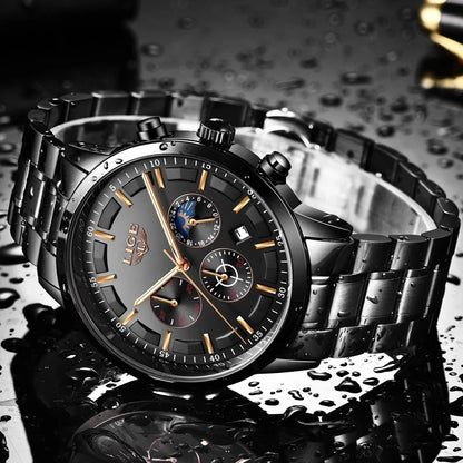 Montre pour homme LIGE – Chronographe à quartz de luxe, étanche (3 bars), avec aiguilles luminescentes – Idée cadeau (boîte incluse)