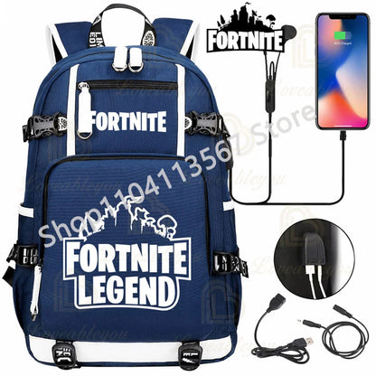 Mochila Yule Trooper F-Fortnited Battle Royale com carregamento USB, figuras anime e compartimento para material escolar para estudantes