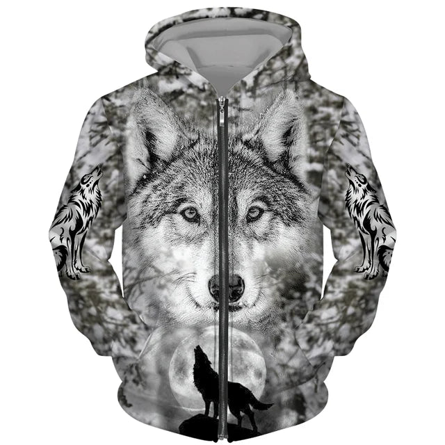 Sweat à capuz com fecho e estampado 3D de lobo, estilo streetwear, para homem/mulher, casaco com capuz unissexo casual hip-hop