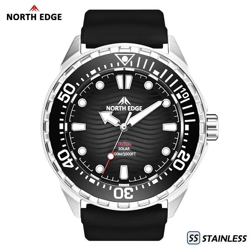 NORTH EDGE TRITON-TI Titanium Stainless Solar-Powered Diving Watch Luxury Quartz Watches For Men 300M Waterproof 180+ Day Power