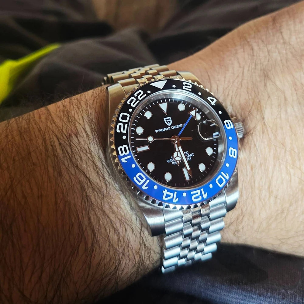 Relógio PAGANI DESIGN 40MM GMT para Homem, Luxo, Safira AR, Mecânico, Luneta em Cerâmica, Automático, 100M à Prova de Água, Relógio para Oferta