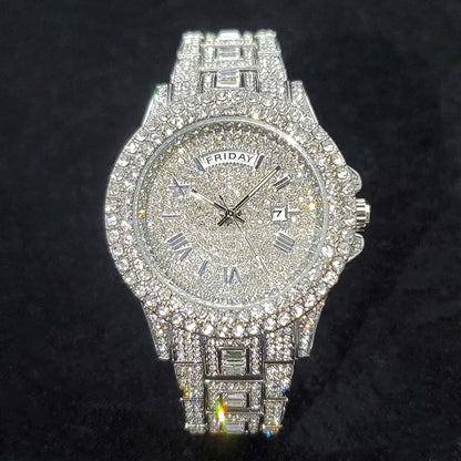 Luxury Diamond Watch for Men Fashion Bling Iced Out Day Date Watches Hip Hop Golden Stainless Steel Quartz Man Clock Hot Sale