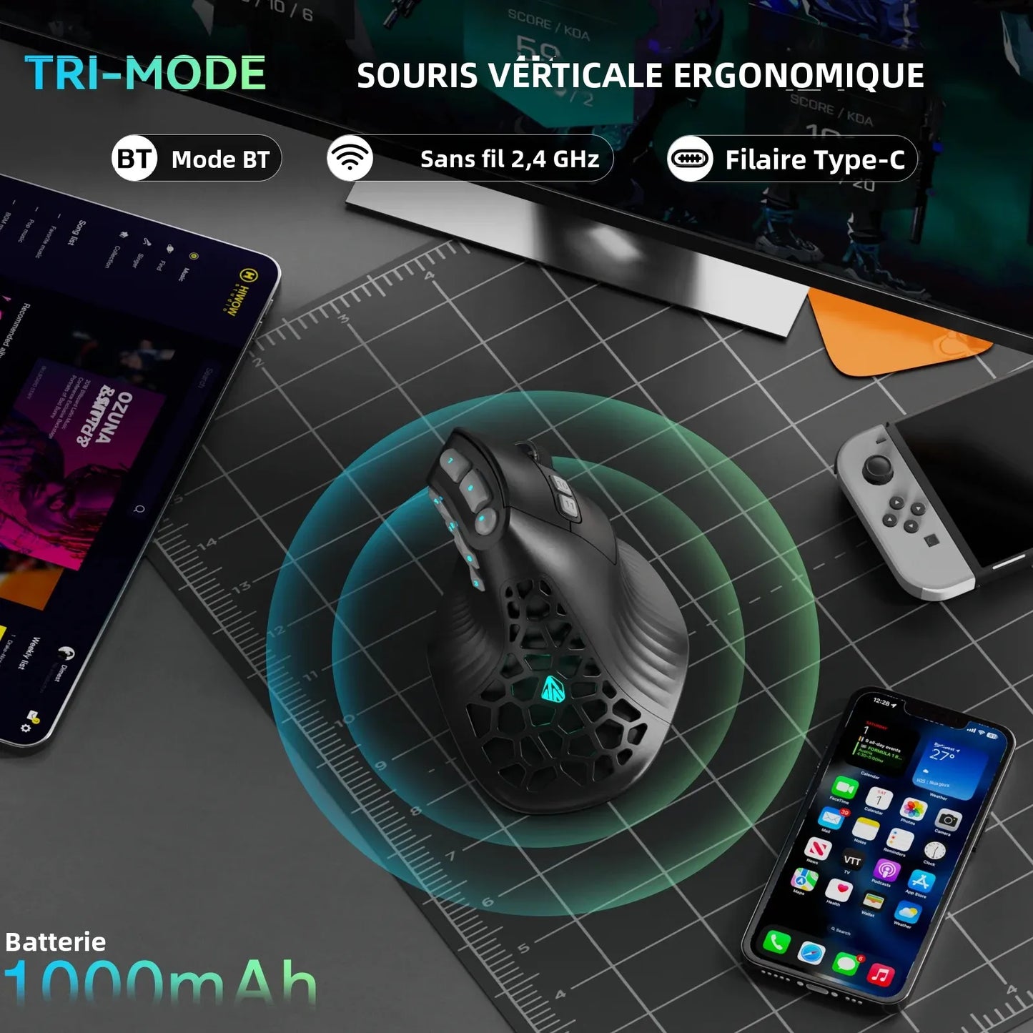 Rato Vertical SOLAKAKA E9 Pro MMO com Sensor PAW3395, Bateria de 1000mAh, Pega Vertical a 45° Ergonómica, Rato Gaming 8K