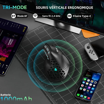 Rato Vertical SOLAKAKA E9 Pro MMO com Sensor PAW3395, Bateria de 1000mAh, Pega Vertical a 45° Ergonómica, Rato Gaming 8K