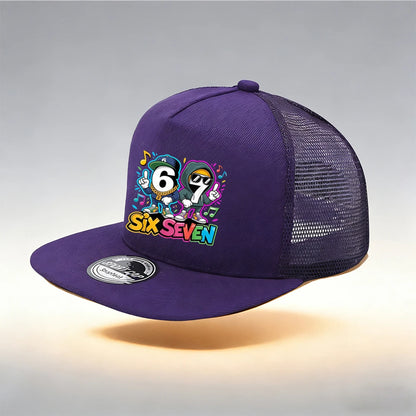1/2PC Y2KSixSeven flat top truck driver hat, hip-hop cartoon print, breathable mesh, streetwear aesthetic hat