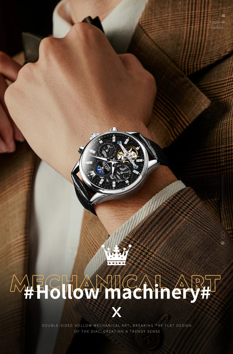 OLEVS 6658 Automatic Mechanical Watch for Man Leather Strap Waterproof Moon Phase Business Dress Men's Watches