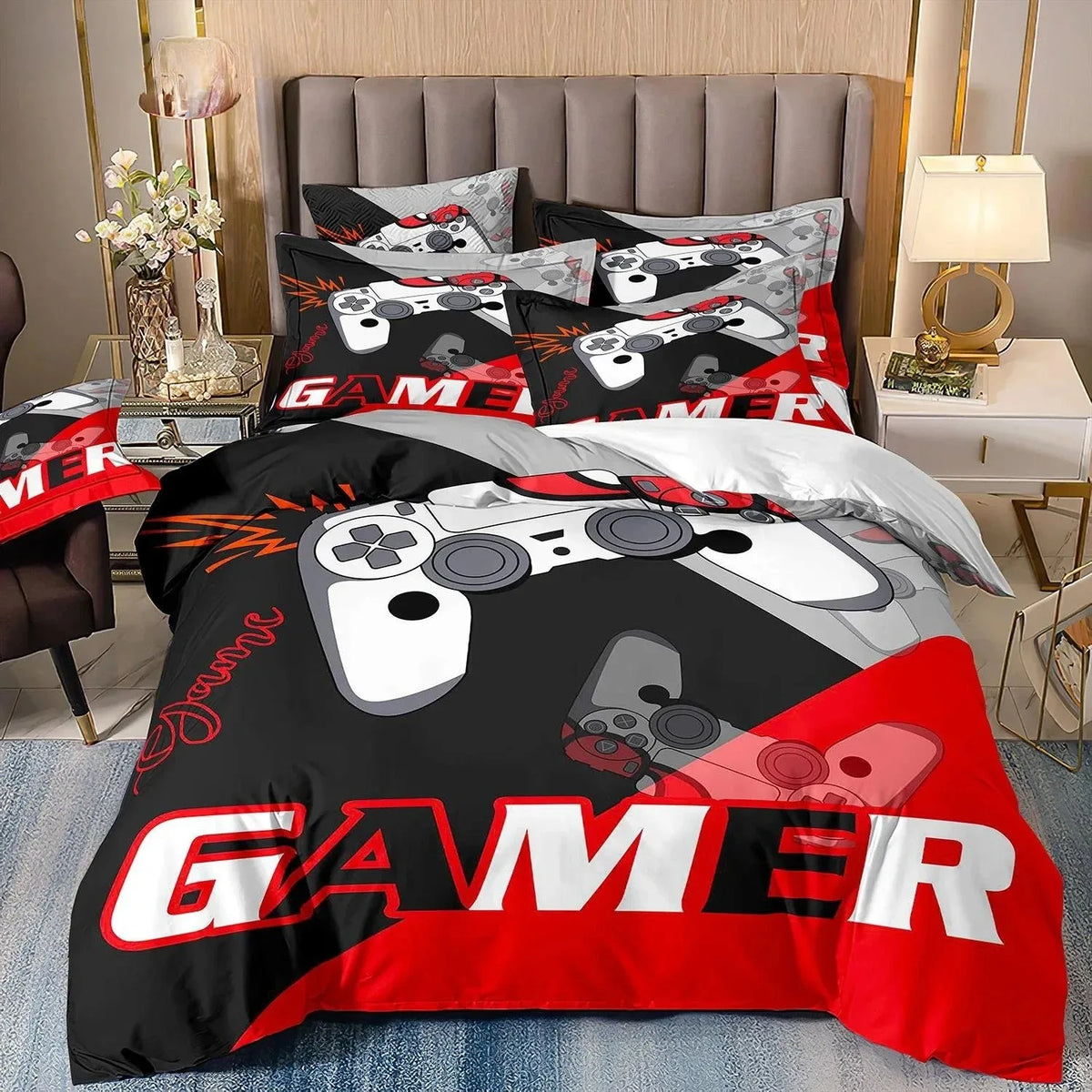 Gamer ágyneműkészletek fiú gyerekeknek: játékos paplanhuzat-készlet (Queen méret), videojátékos paplanhuzat, PlayStation-motívumú ágyneműkészlet tizenéves fiúknak