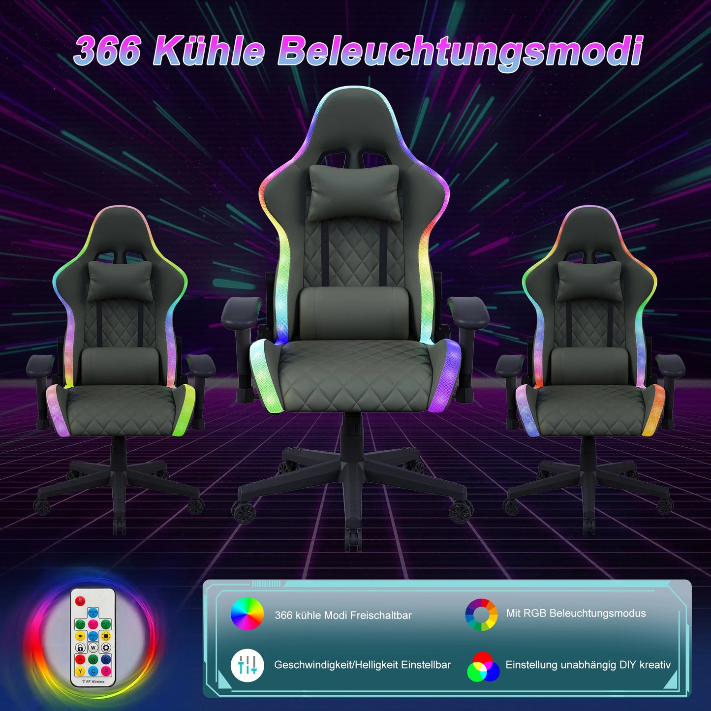 Comanlai Ergonomic Gaming Chair with RGB LED Lights Massage Lumbar Pillow Adjustable Recline Height Game Chair for Office Gaming