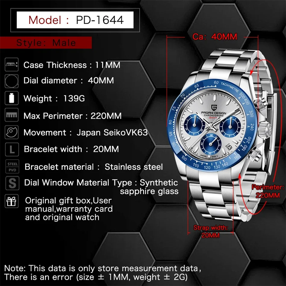 New PAGANI DESIGN PD1644 Luxury Men's Quartz Watch Automatic Date Wristwatches Sport 100m Waterproof Chronograph Men Gift