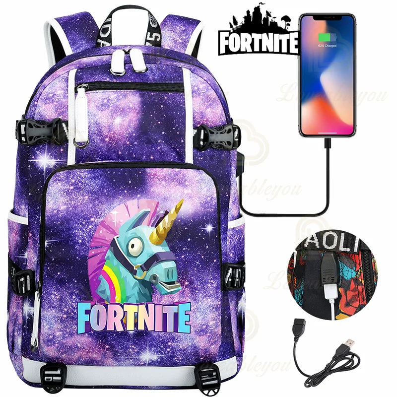 Ultima Knight F-Fortnited Battle Royale Rucksack mit USB-Ladeanschluss, Anime-Figuren und Studienfach für Schreibwaren für Schüler