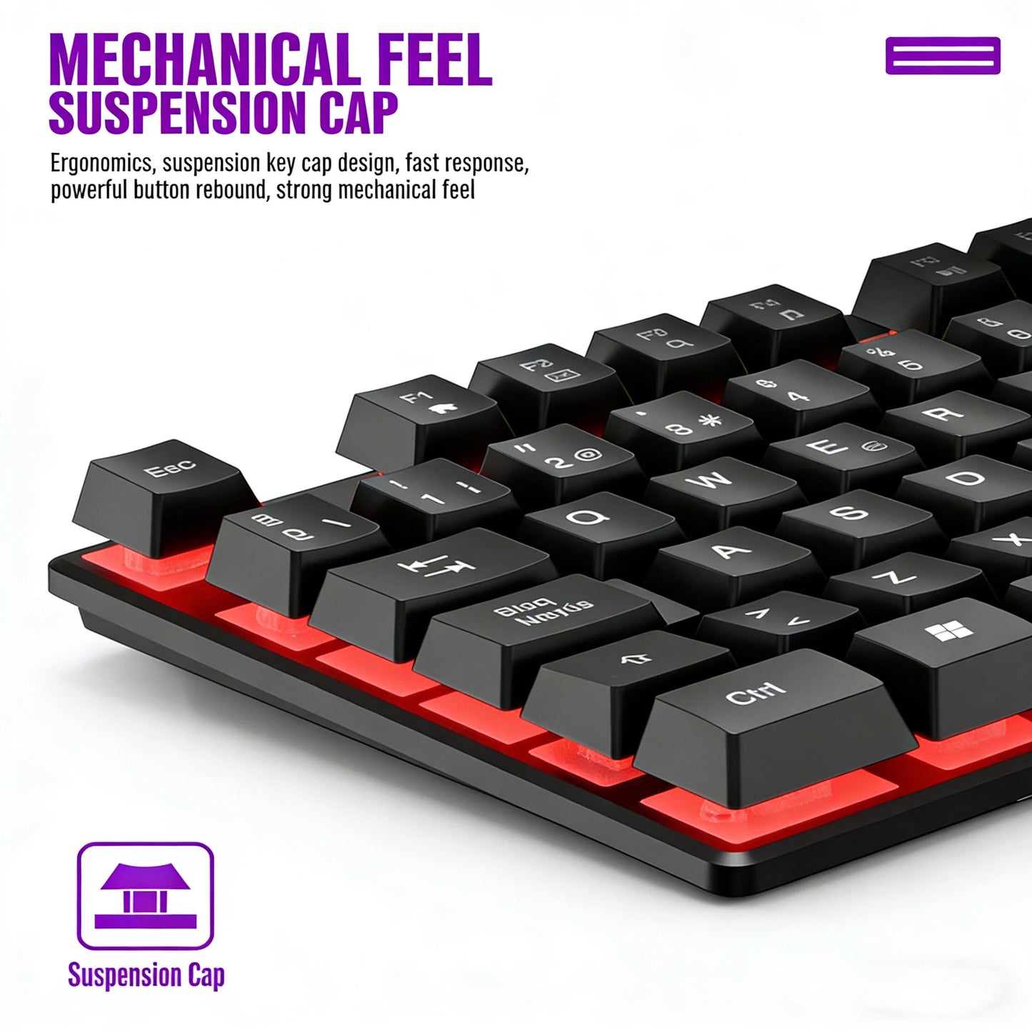 Teclado gaming com sensação mecânica, retroiluminado RGB, com fios, USB, para escritório e casa, com teclas multimédia, russo, espanhol, árabe e inglês