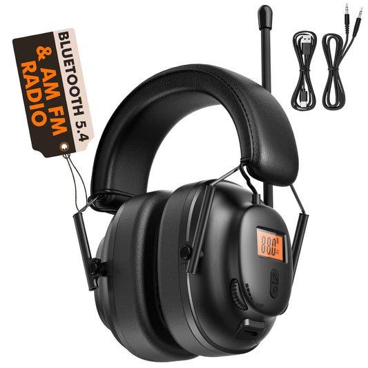 Casque radio Bluetooth 5,4 AM/FM avec protection auditive 30 dB, autonomie de 50 heures. USB-C rechargeable. Idéal pour le travail et les cadeaux.
