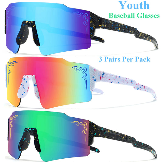 3 Pairs  Age 5-18 Youth Baseball Sunglasses Boys Girls Glasses Outdoor Sport Cycling Goggles Children Kids Softball Shades
