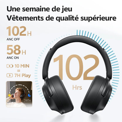 QCY H3S -56dB ANC adaptativa Auriculares Bluetooth 6.0 circumaurales – Auriculares inalámbricos Hi-Res LDAC, batería de 102H, sonido espacial con doble transductor