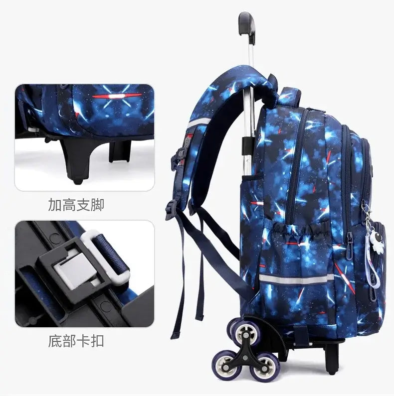 Mochila com Rodas Fortnite Anime, Impermeável, de Grande Capacidade, para Estudante — Saco Escolar Casual de Viagem com Carrinho e Subida Fácil de Escadas