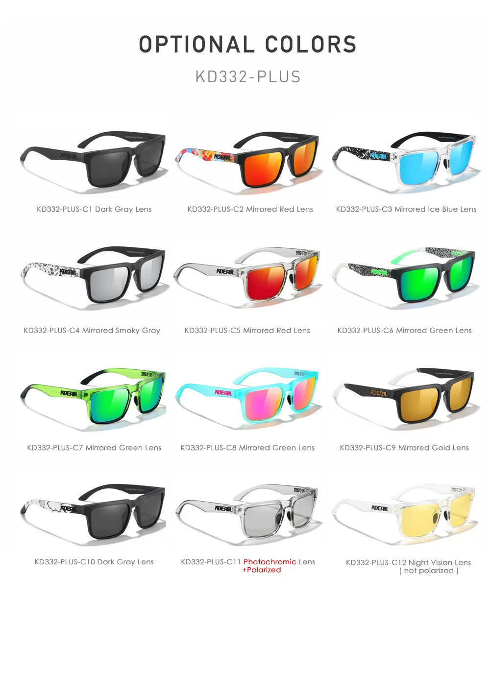 New Colors KDEAM-PLUS Large Size Square Unisex Sunglasses Polarized Photochromic Oversized Sun Glasses Fashion Anti Glare Mirror