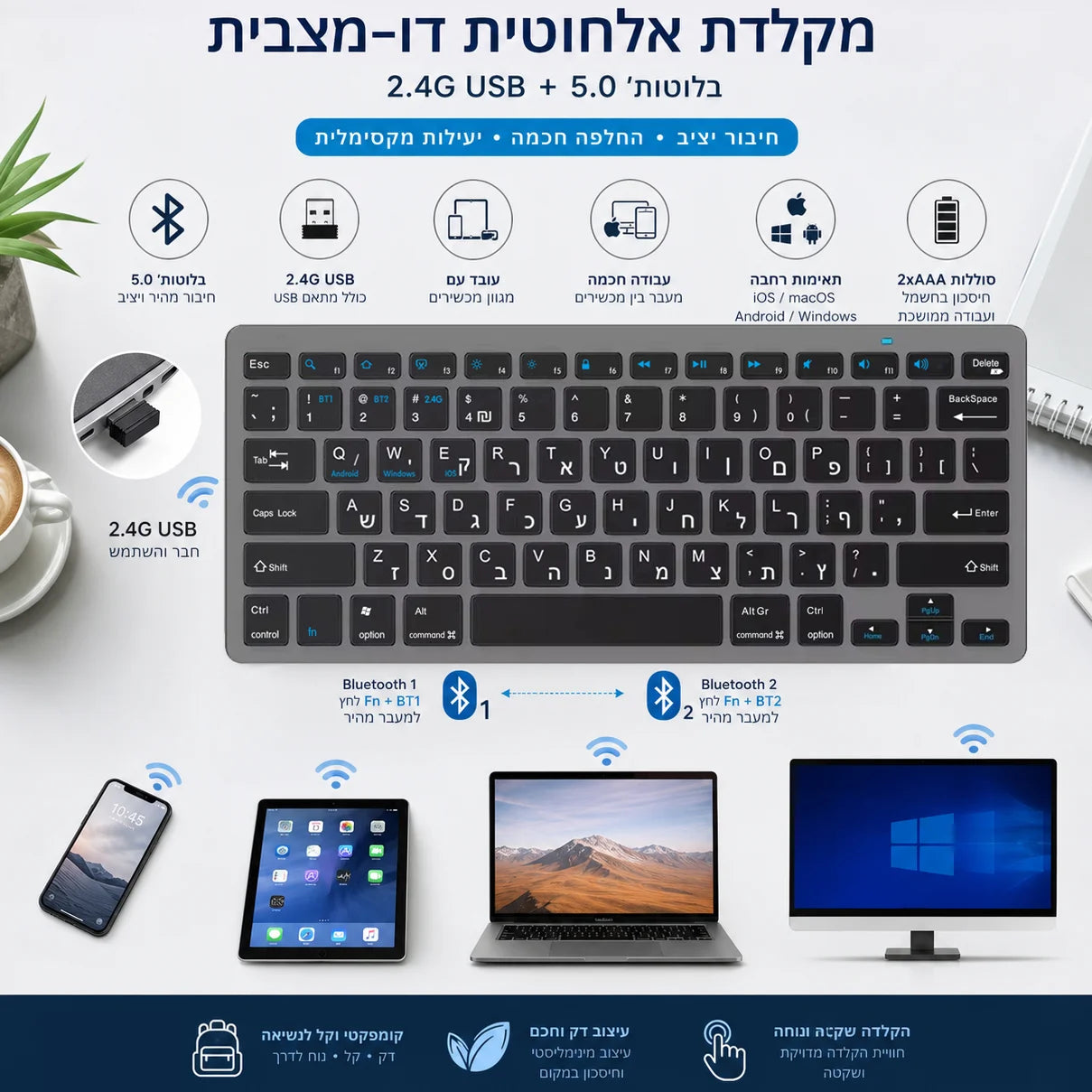 Tastiera ebraica ultra sottile Bluetooth e 2.4G Dual Mode Israel, tastiera wireless a bassa rumorosità per iOS, iPad, tablet Android e Windows