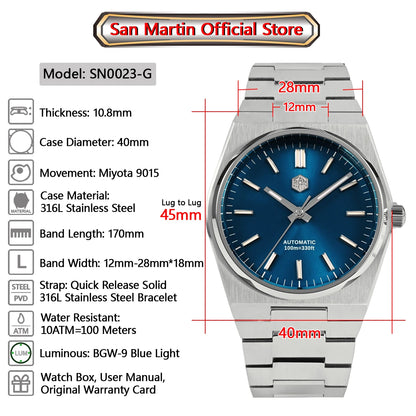San Martin klassische Herrenuhr 40mm Miyota 9015 Luxus-Dresswatch Automatik-Mechanikuhr mit Schnellwechselarmband SN0023 Reloj