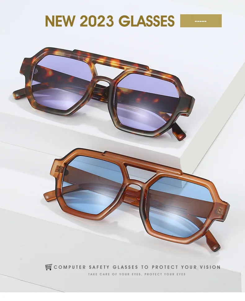 Fashion Pilot Oversized Sunglasses For Women New Double Bridges Sun Glasses Female Retro Square Leopard Purple Eyewear Trendy