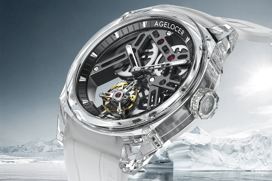 Orologio AGELOCER Limited Edition “Ice Never Melts” con tourbillon in cristallo a spirale libera, orologio meccanico manuale di lusso