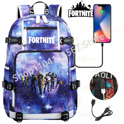 Ultima Knight F-Fortnited Battle Royale Rucksack mit USB-Ladeanschluss, Anime-Figuren und Studienfach für Schreibwaren für Schüler