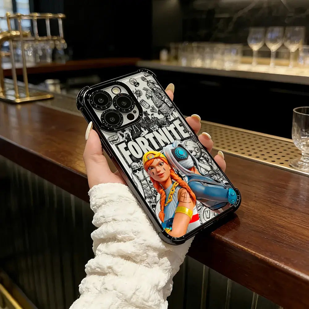 Battle Royales Fortnites-belagt telefoncover til iPhone 17 17e 16e 16 15 14 13 12 11 Pro Max X XR XSMax 7 8 Mini Air Plus Airabag