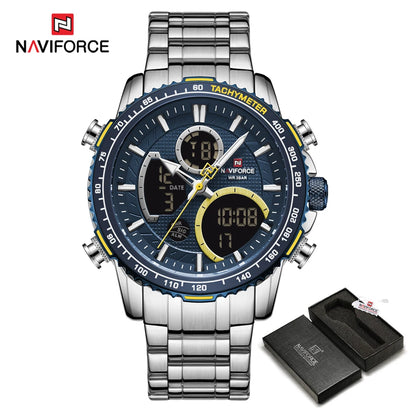 Мъжки спортен часовник NAVIFORCE – Оригинален луксозен ръчен часовник от неръждаема стомана, водоустойчив модел във военен стил с двойно показване