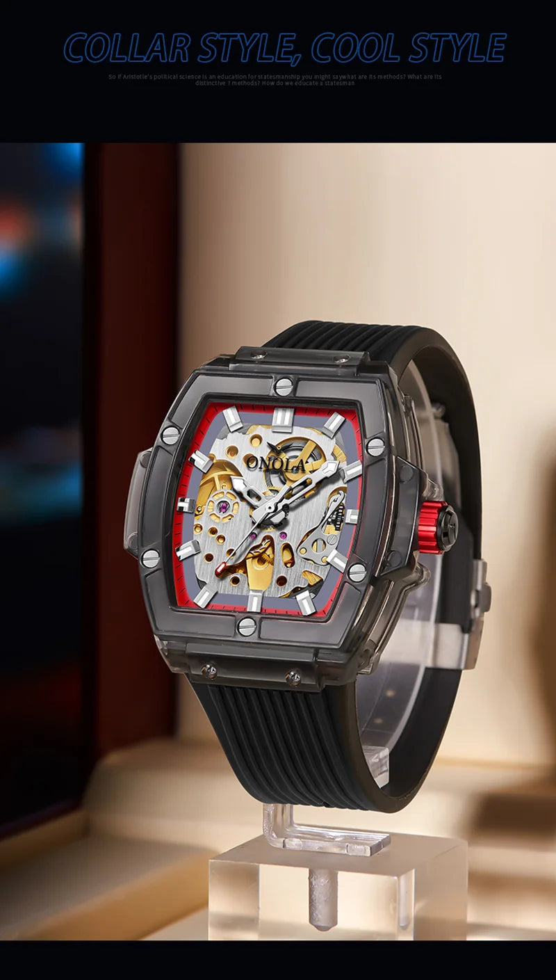 Luxury men's watch onola plastic transparent hollow full automatic mechanical watches men waterproof clock