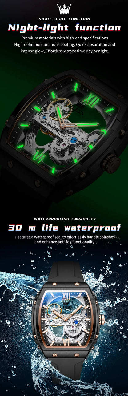 OLEVS 6779 Mens Watch Skeleton Mechanical Watch Fashion Business Sport Waterproof Luminous Silicone Strap Watches For Men