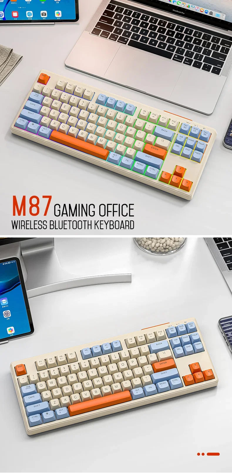 Tastiera M87 wireless Bluetooth dual mode, sensazione meccanica, gaming e ufficio silenziosa, copritasti sferici in PBT, illuminazione arcobaleno
