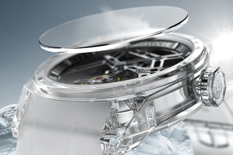 Orologio AGELOCER Limited Edition “Ice Never Melts” con tourbillon in cristallo a spirale libera, orologio meccanico manuale di lusso