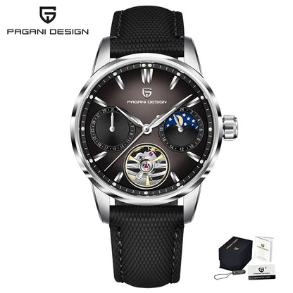 PAGANI DESIGN – Luxusné mechanické pánske hodinky, 41 mm, zafírové sklo, kožený remienok, vodotesné, v štýle pilotných hodín, s tourbillonom a fázou mesiaca