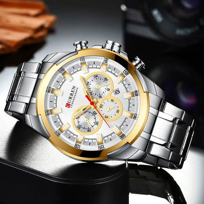 CURREN férfi kronográf óra, 48 mm-es nagy számlap, rozsdamentes acél karkötő, három kis számlap, kvarc sportkaróra, luxus stílus