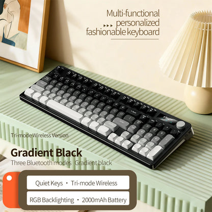 98 key Wireless Keyboard Knob Control BT/2.4g/Wired, RGB LED Backlight Display, 2000mA Battery for PC/Laptop