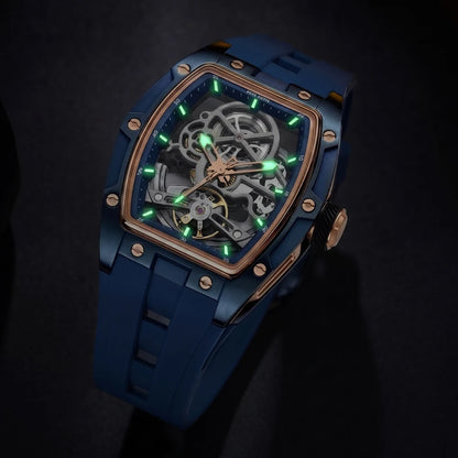 MEGIR men’s mechanical watch, tonneau shape, open-worked skeletonised dial, sporty style, silicone strap, luxury automatic watch