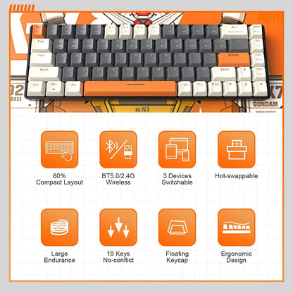 Teclado Mecânico Sem Fios RK68 60%, Bluetooth 5.0/2.4GHz com Recetor 2 em 1 de Modo Duplo, Teclado Gaming Hot-Swappable de 68 Teclas