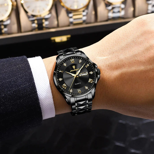 Reloj para hombre POEDAGAR, modelo de lujo original, resistente al agua, luminiscente, con indicador de fecha y día, estilo elegante, caja de acero inoxidable, mecanismo de cuarzo, ideal para el trabajo.