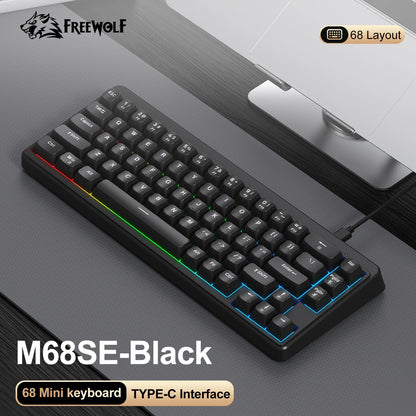 FREEWOLF M68SE Teclado Mini com Fio de 68 Teclas, Retroiluminação RGB, Type-C, Layout 68%, Compacto para Gaming, Escritório, PC e Portátil
