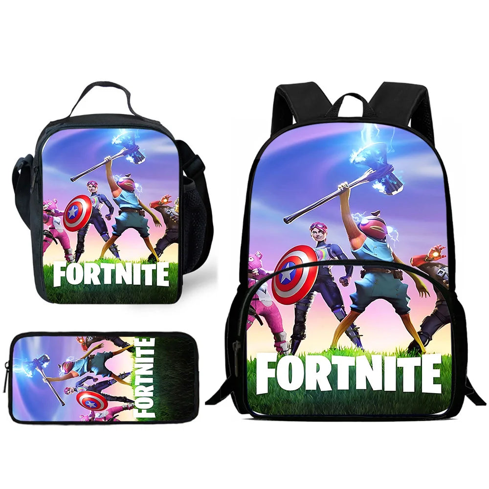 Børnerygsæk med populært spildesign, madtaske og penalhus, skoletaske med stor kapacitet til drenge og piger, perfekt gave F-FortniteS