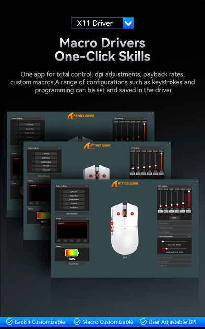ATTACK SHARK X11 Gaming Mouse and X11 SE Wireless Mouse 22000 DPI, PAW3311 Sensor, BT/2.4G/Wired, 59g Lightweight, 2000W Clicks