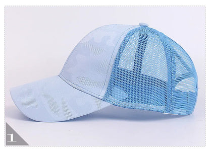 2023 Women Summer Ponytail Baseball Cap Cotton Camouflage Print Mesh Hat Adjustable Sports Golf Hat Girl Outdoor Casual Sun Hat