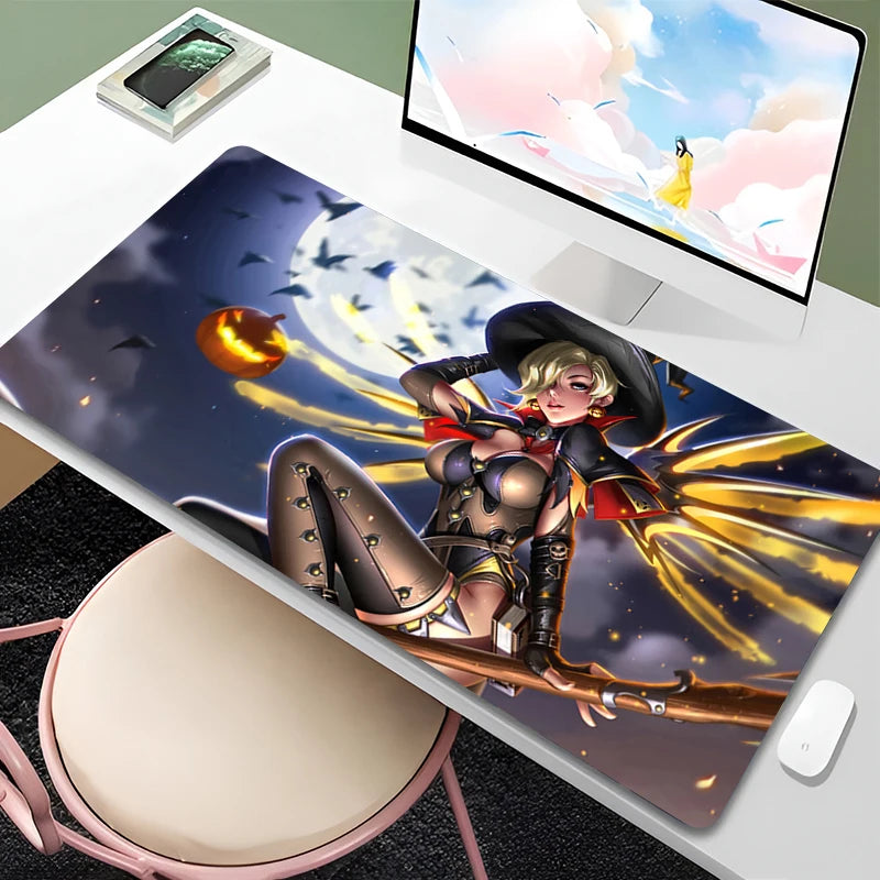 Overwatch Mercy Mauspad PC Gamer Cabinet Kawaii Mousepad XXL Sexy Anime Girl Tastaturunterlage Laptop-Gaming-Zubehör Schreibtischmatte